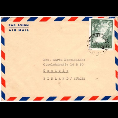 Argentinien 1957, EF 5 P. Iguazu Wasserfall auf Luftpost Brief n. Finnland