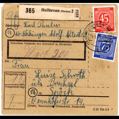 1948, 45+75 Pf. auf Wert-Paketkarte v. Heibronn-Böckingen