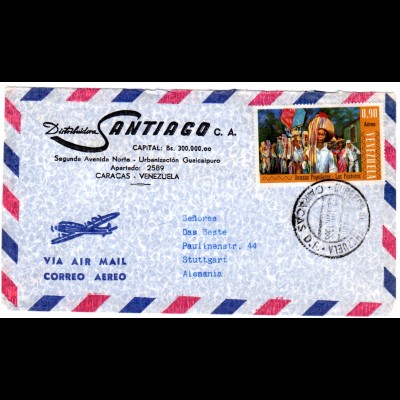 Venezuela 1966, EF 0,90 B. Volkstanz auf Luftpost Brief v Caracas n. Deutschland