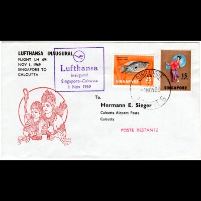 Singapur 1969, Lufthansa Erstflug Brief Singapore-Calcutta