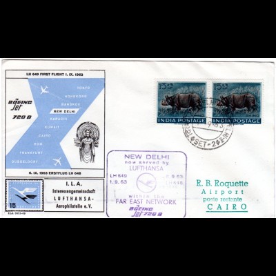 Indien 1963, Paar 15 nP. Nashorn auf Lufthansa Erstflug Brief New Delhi-Cairo
