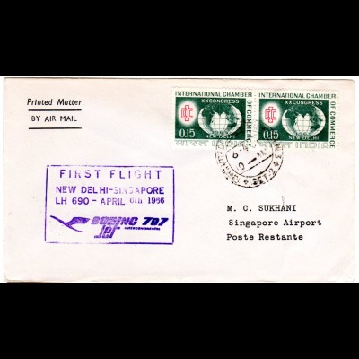 Indien 1966, Paar 0,15 Rp. auf Lufthansa Erstflug Brief New Delhi-Singapore