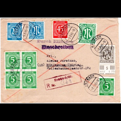1946, 10 Marken auf Einschreiben Eilboten Brief v. Kronach n. Mühlhausen