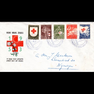 NL 1953, 5 Zuschlagswerte Rotes Kreuz kpl. auf FDC 