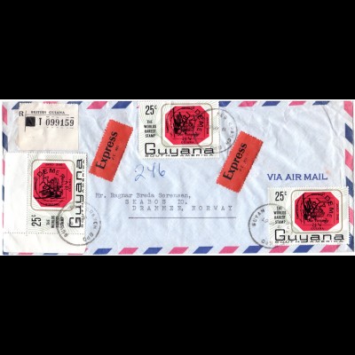 Guyana 1967. MeF 3x25 C. 1d red Briefmarke auf Reko Express Brief n. Norwegen