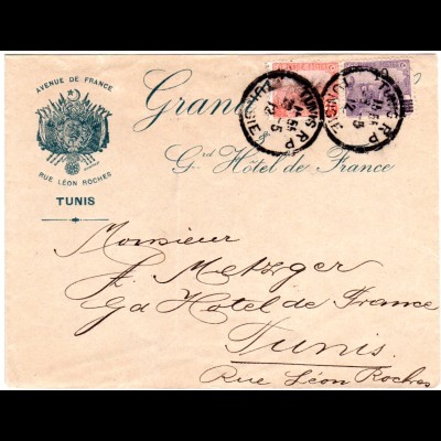 Tunesien 1912, 10+10/15 C. auf Hotel Brief v. Tunis
