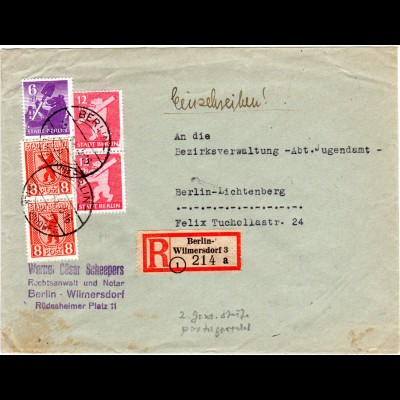 Berlin 1946, 5 Marken auf portorichtigem R-Doppel-Ortsbrief 
