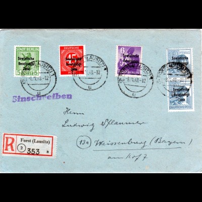 SBZ 1948, 5 Marken auf Einschreiben Brief v. Forst (Lausitz) n. Bayern.