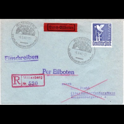1948, 5 Mark auf Einschreiben-Eilboten Brief m. Reko-Stpl. v. Miltenberg
