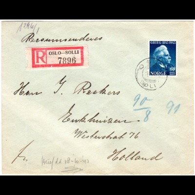 Norwegen 1943, 20 öre Grieg auf Einschreiben Zensur Brief v. Oslo i.d. NL