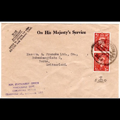 GB, Paar 1 1/2d m. Symbol-perfin auf On His Majesty Service Brief i.d. Schweiz