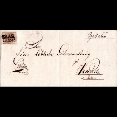 Österreich 1853, Mähren-L2 SAAR auf schönem Brief m. breitrandiger 6 Kr.