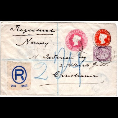 GB 1894,3+1/2d Privat Ganzsache Brief m. 1d Zusatz per Einschreiben n. Norwegen