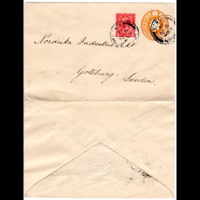 GB 1922, 1d with perfin on 2d Sationery envelope from London to Sweden