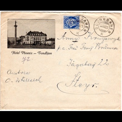Norwegen 1823, 40 öre auf Hotel-Brief m. Bahnpoststpl. v. Trondheim n. Ungarn 