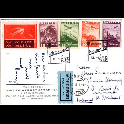 Österreich 1937, 4 Flugpostmarken u. Vignette auf Karte der Wiener Herbstmesse