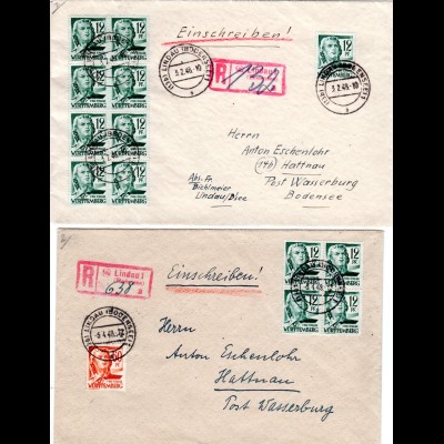 Württemberg 1948, 2 portorichtige Reko Briefe v. Lindau m. guten Frankaturen!
