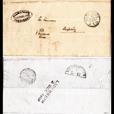 Württemberg 1869, Postablage Zoebingen u. innen K3 Lauchheim auf Wende Brief 