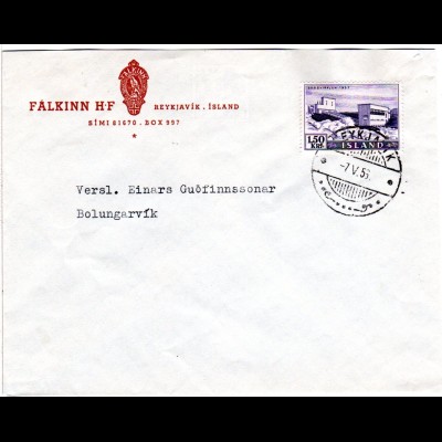 Finnland 1956, EF 1,50 Kr. Wasserkraftwerk Sogs auf Brief v. Reykjavik