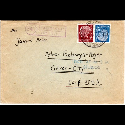 BRD 1956, Landpoststpl. 24b HASSENDORF über Eutin auf Brief an James Mason, USA