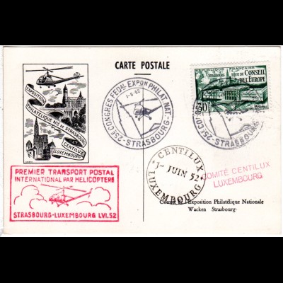 Frankreich 1952, 30 F. auf Helicopter Erstflug Brief Strasbourg-Luxemburg