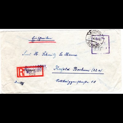 1946, R3 Gebühr bezahlt 108 Pf. auf Reko-Brief v. Burgbrohl Bez. Koblenz