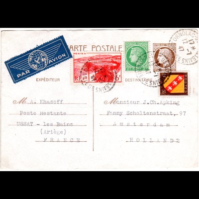 Frankreich 1947, 2,50 F. Ganzsache m. Zusatzfr. per Luftpost v. Ussat i.d. NL