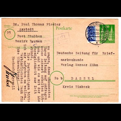 BRD 1950, Landpost Stpl. AXSTEDT über Stubben (Bz- Bremen) auf 10 Pf. Ganzsache