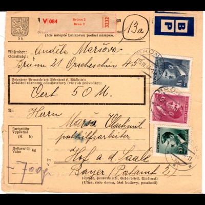 Böhmen und Mähren 1944, 8+4 K.+50 H. auf Wert Paketkarte v. Brünn n. Hof.