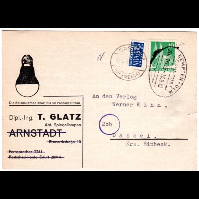 1949, Bahnpoststpl. Kempten-Ulm auf Firmenkarte m. 10 Pf. v. Gönenbach/Allgäu