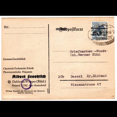 1948, Bahnpoststpl. Wuppertal-Oberhausen auf Karte m. 12 Pf. Band v. Dahlerau