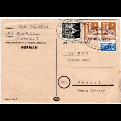 1950, Bahnpoststpl. Köln-Giessen auf Karte m. 2+2x4 Pf. v. Sinn/Dillkreis