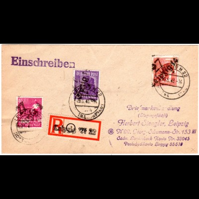 SBZ 1948, 6+30+40 Pf. m. Bezirkshandstpl. auf portorichtigem Orts-R-Brief. Gepr.