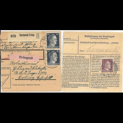 DR 1942, Paketkarte v. Dortmund Eving m. 3 Marken u. Dringend. #2891