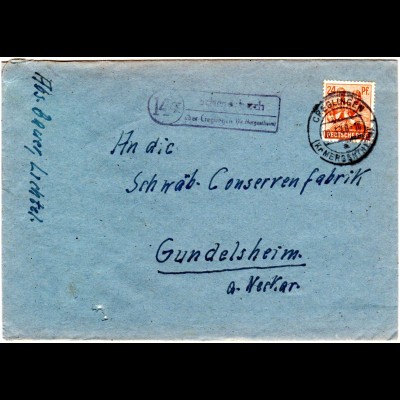 1948, Landpost Stpl. SCHMERBACH über Creglingen auf Brief m. 24 Pf.