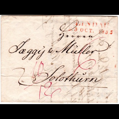 Bayern 1833, roter L2 Lindau auf Porto Brief i.d. Schweiz