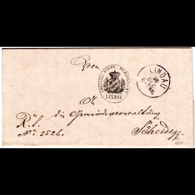 Bayern 1881, K1 Lindau u. Bezirksamtsstpl auf Regierungssache Brief n. Scheidegg