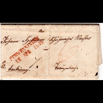Württemberg 1818, roter L2 Schwenningen auf Brief n. Franzenbach OA Backnang