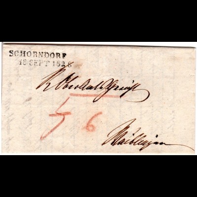 Württemberg 1828, L2 Schorndorf auf schönem Porto Brief n. Waiblingen