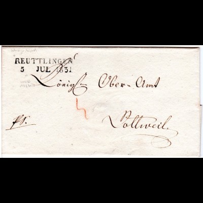 Württemberg 1831, L2 REUTTLINGEN auf sehr schönem Brief n. Rottweil