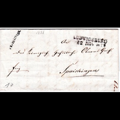 Württemberg 1838, L2 Ludwigsburg u. L1 vormittags auf Franko Brief n Spaichingen