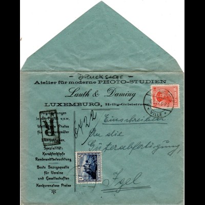 Luxemburg 1927, 1 Fr.+50 C. auf Firmen Einschreiben Drucksache n. Deutschland
