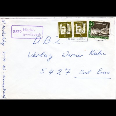 BRD 1963, Landpost Stpl. 3579 NIEDERGRENZEBACH auf Brief m. 10+2x5 Pf.