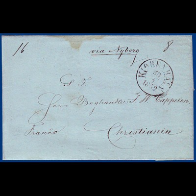 Denmark 1852, prepaid letter to Norway "via Nyborg". #S426
