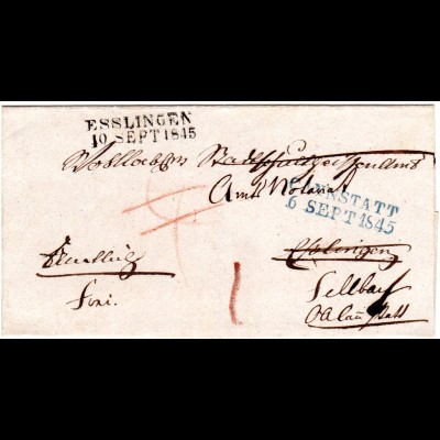 Württemberg 1845, L2 Cannstatt u. Esslingen auf Franko/Porto Nachsendebrief