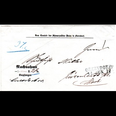 Württemberg 1872, L2 OBERNDORF auf Vordruck NN-Brief des Schwarzwälder Boten