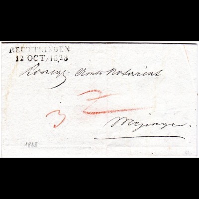 Württemberg 1828, L2 REUTTLINGEN auf Porto Brief n. Mezingen