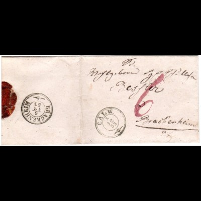 Württemberg 1853, Zier-K3 CALW auf Porto Brief n. Brackenheim