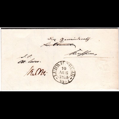 Württemberg 1853, gr. K2 LUDWIGSBURG in schwarz auf Amts Brief n. Kirchheim