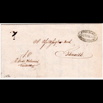 Württemberg 1870, Postablage BEUTELSBACH (Endersbach) auf Brief n. Schnaith
